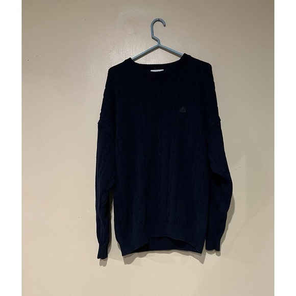 Izod Vintage Men's Chunky Cable Knit Sweater Size XL Navy Blue 100% Cotton Y2K - Picture 1 of 5